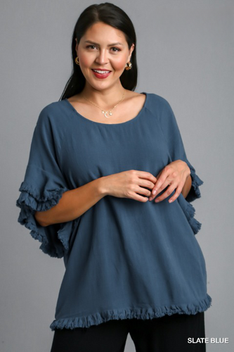 Trina Ruffle Sleeve Top with Frayed Hem