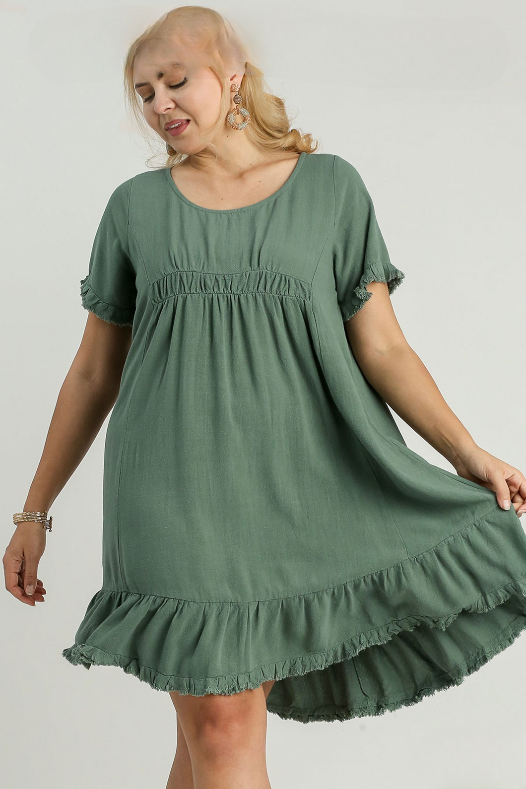 Remi Ruffle Trim Dress with Frayed Edges in Lagoon