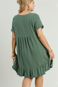 Remi Ruffle Trim Dress with Frayed Edges in Lagoon