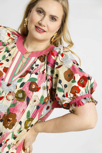 Jana Pink Floral Stripe Trim Dress