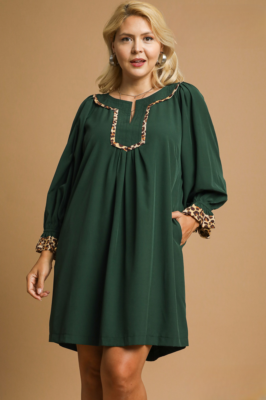 Tori Tunic Dress with Leopard Trim Accents in Palm Green