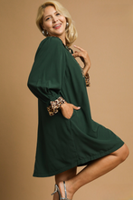 Load image into Gallery viewer, Tori Tunic Dress with Leopard Trim Accents in Palm Green