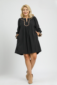 Tori Tunic Dress with Leopard Trim Accents in Black