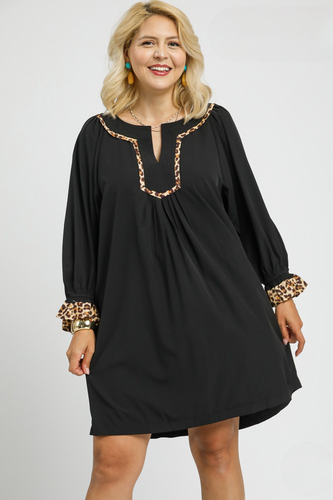 Tori Tunic Dress with Leopard Trim Accents in Black