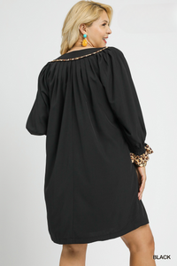 Tori Tunic Dress with Leopard Trim Accents in Black