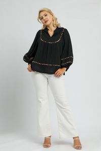 Callie Textured Black Top with Leopard Trim