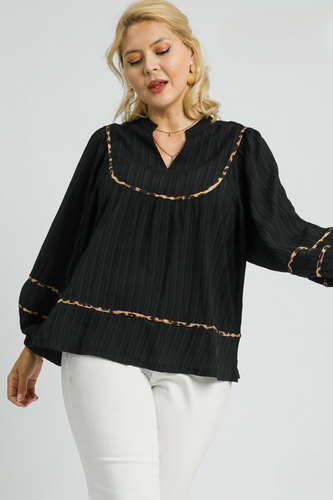 Callie Textured Black Top with Leopard Trim