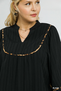 Callie Textured Black Top with Leopard Trim