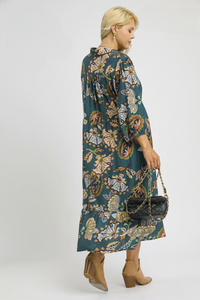 Layla Abstract Print Puff Sleeve Midi Dress in Teal