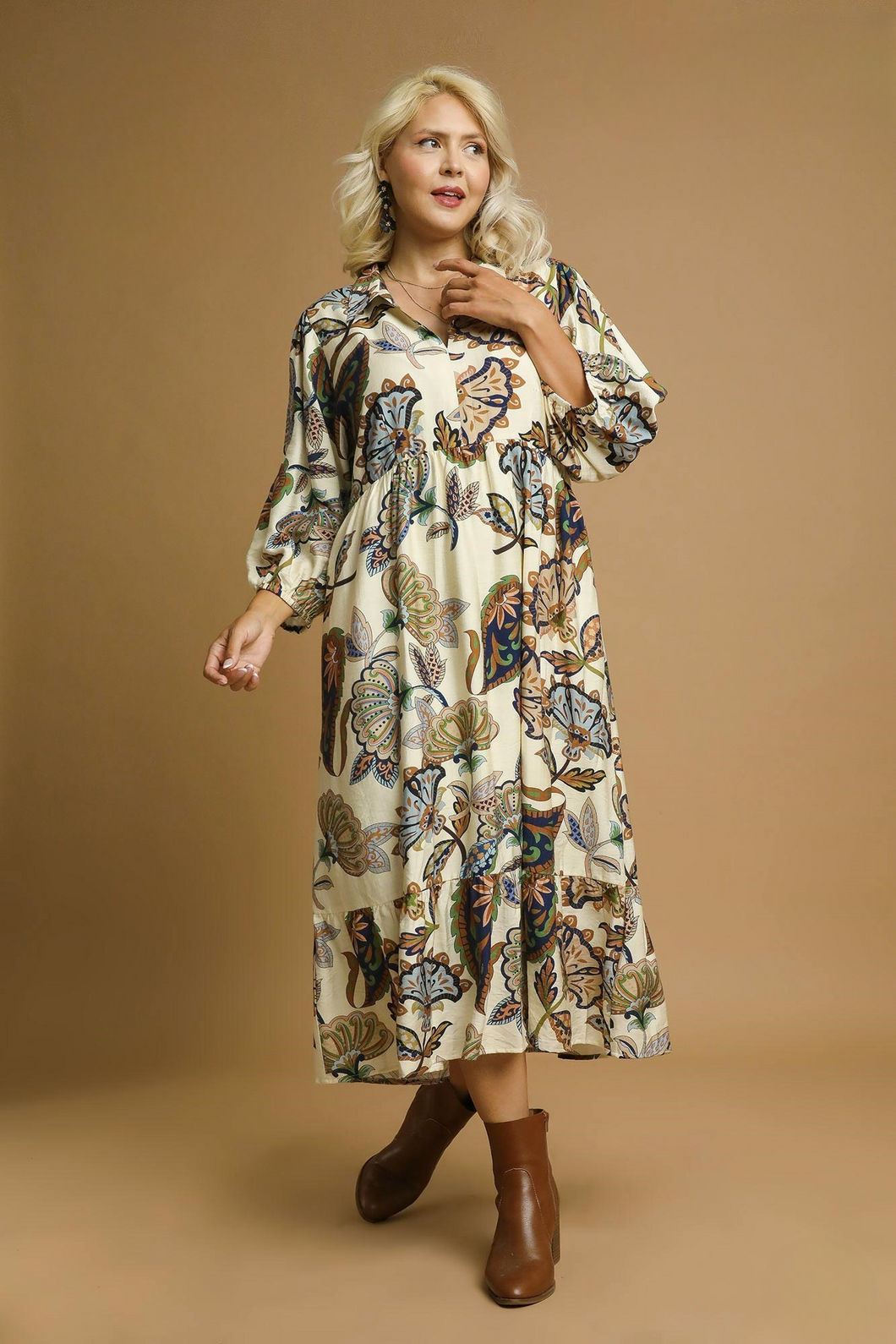 Layla Abstract Print Puff Sleeve Midi Dress in Cream