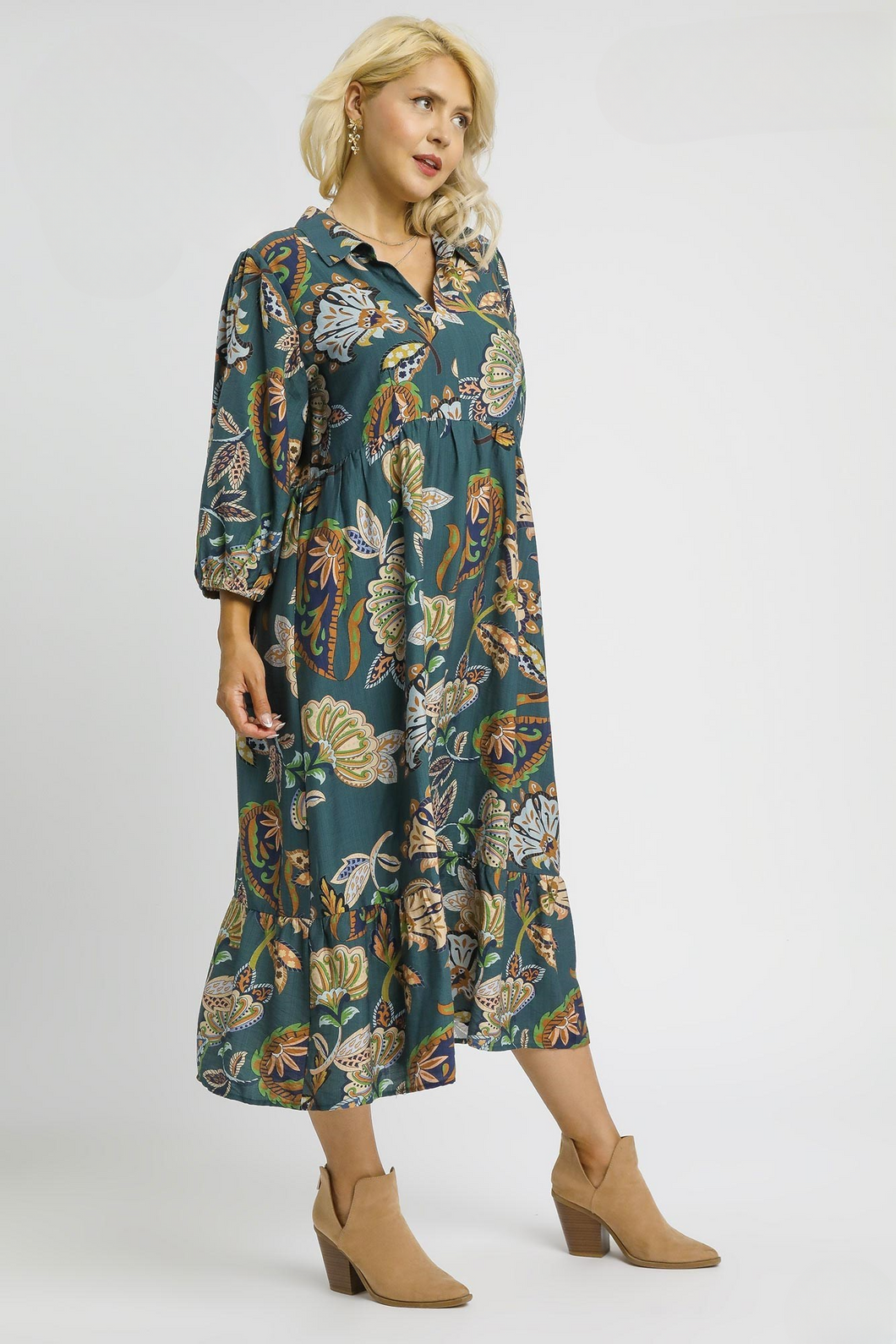 Layla Abstract Print Puff Sleeve Midi Dress in Teal