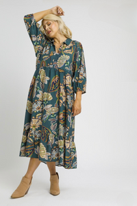 Layla Abstract Print Puff Sleeve Midi Dress in Teal