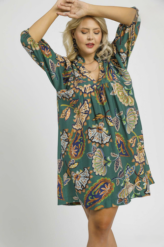 Lola Abstract Print Puff Sleeve Babydoll Dress in Lagoon