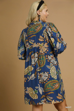Load image into Gallery viewer, Lola Abstract Print Puff Sleeve Babydoll Dress in Navy