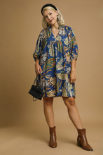 Load image into Gallery viewer, Lola Abstract Print Puff Sleeve Babydoll Dress in Navy