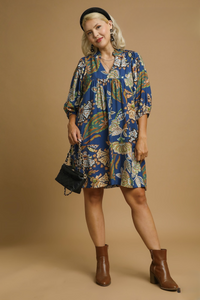 Lola Abstract Print Puff Sleeve Babydoll Dress in Navy
