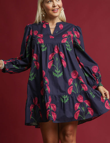 Jana Mixed Floral Babydoll Tunic Dress in Navy