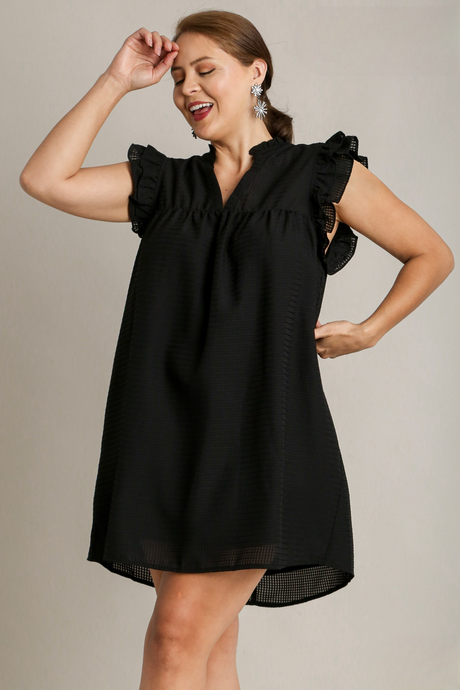 Trina Ruffle Sleeve Basket Weave Dress in Black