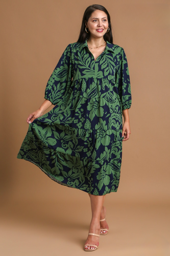 Lilly Navy and Green Floral Midi Dress