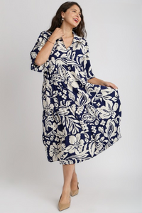 Saylor Navy Blue and Cream Floral Midi Dress