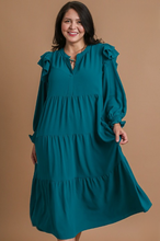 Load image into Gallery viewer, Hattie Ruffled Long Sleeve Tiered Midi Dress in Teal