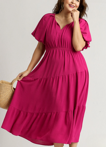 Eleanor Asymmetrical Midi Dress in Magenta