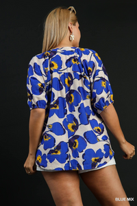 Juliana Blue Mix Floral Split Neck Top