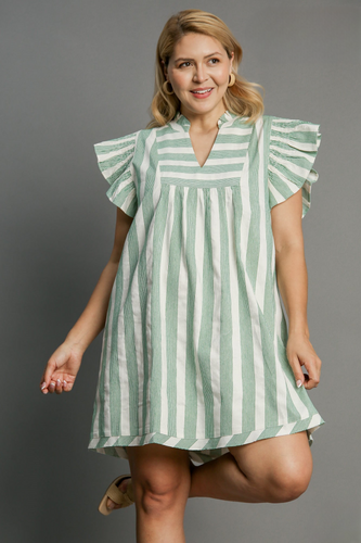 Cora Flutter Sleeve Striped Dress in Green