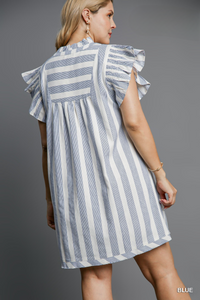 Cora Flutter Sleeve Striped Dress in Blue