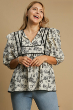 Load image into Gallery viewer, Elizabeth Black and Cream Toile Landscape Puff Sleeve Top