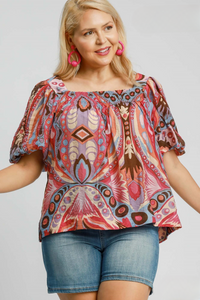 Morgan Abstract Print Square Neck Puff Sleeve Top