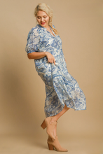 Load image into Gallery viewer, Ingrid Blue Paisley Front Tie Ruffle Trim Midi