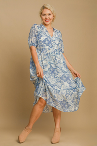 Ingrid Blue Paisley Front Tie Ruffle Trim Midi