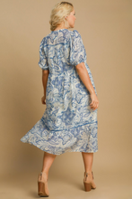 Load image into Gallery viewer, Ingrid Blue Paisley Front Tie Ruffle Trim Midi