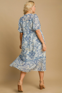 Ingrid Blue Paisley Front Tie Ruffle Trim Midi