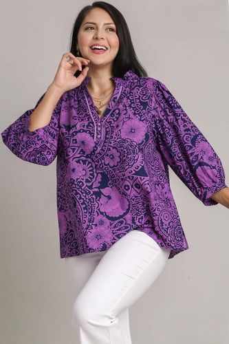 Restocked!! Juliana Navy and Eggplant Mix Floral Split Neck Top