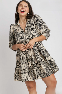 Elaine Black Mix Print A-Line Dress