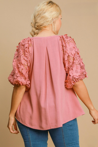 Gracie Floral Lace Puff Sleeve Top in Rose