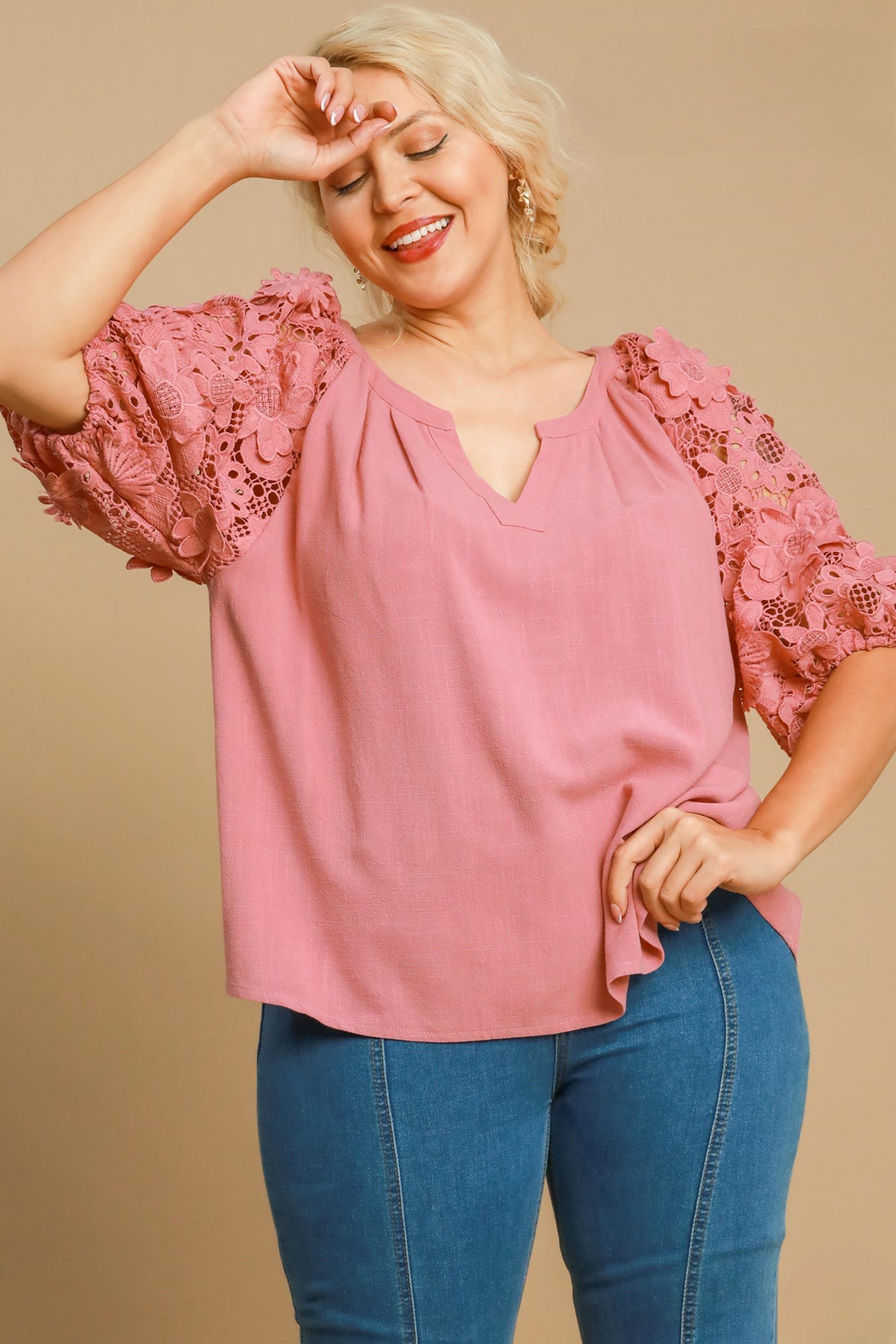 Gracie Floral Lace Puff Sleeve Top in Rose