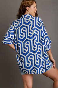 Liv Royal and White Geometric Print Top