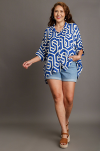 Liv Royal and White Geometric Print Top