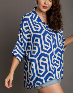 Liv Royal and White Geometric Print Top