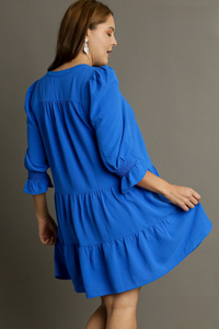 Celia Tiered Split Neck Dress in Royal Blue