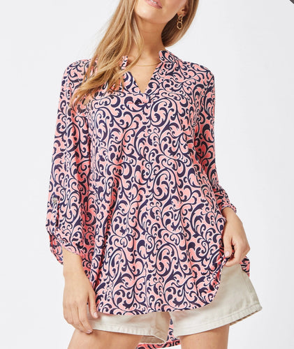 Tara Wrinkle Free Coral and Navy Top
