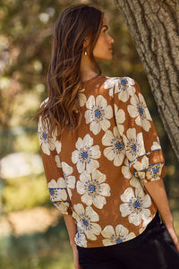 Polly Taupe Floral Top with Scallop Trim