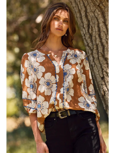 Polly Taupe Floral Top with Scallop Trim