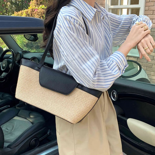 Long Straw Shoulder Bag in Black