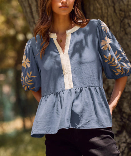 Harper Embroidered Peplum Top in Denim Blue