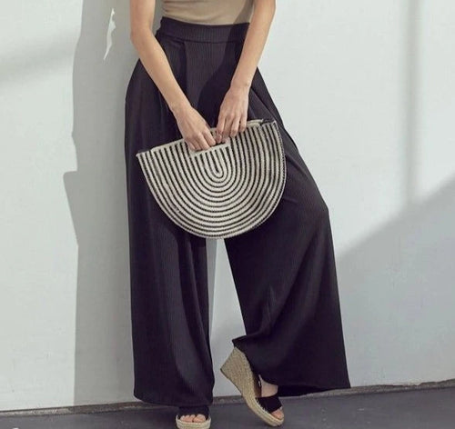 Mina Wide Leg Ribbed Pants in Black