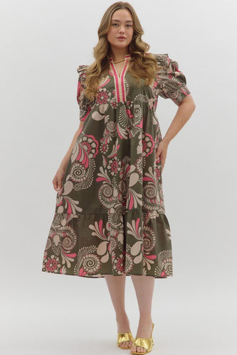 Eliana Olive and Pink Paisley Midi Dress